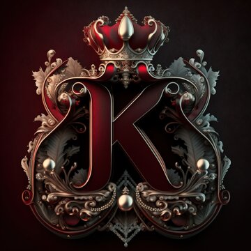 Kingly red Letter K with ornate crown and jewels, Generative AI