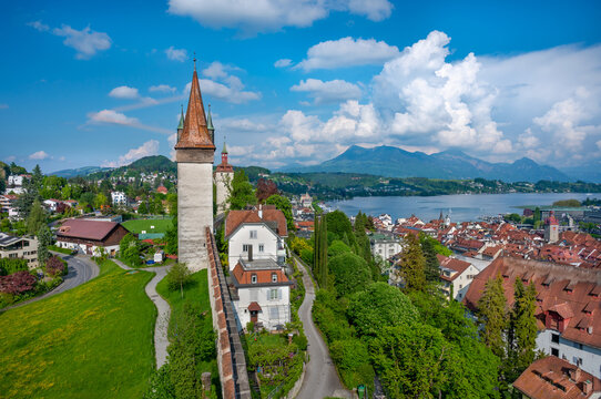 Luzern old town wall aerial view. Alps and lake Luzern on the background. Switzerland.