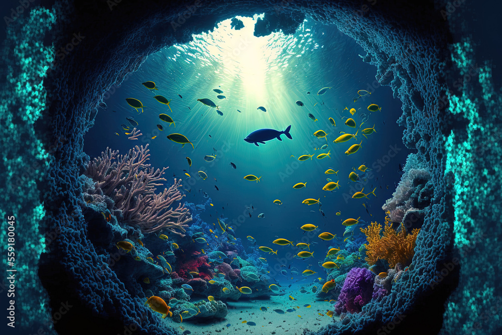 Poster view of the coral reef, tropical seas, and marine life from below. Generative AI - Posters