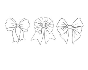 Set of graphical decorative bows. Line art design holiday bows tattoo idea