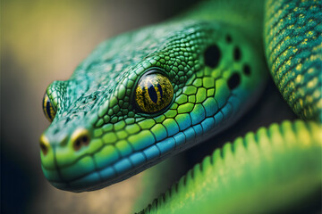 Fototapeta premium Portrait close up green colored snake, illustration digital generative ai design art style