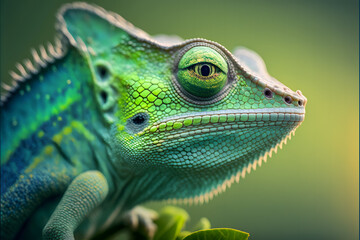 Fototapeta premium Portrait close up green colored chameleon, illustration digital generative ai design art style