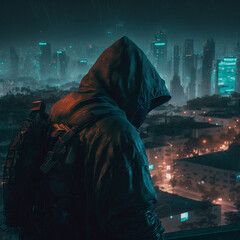 Fototapeta stalker cyberpunk in the night city photorealism detal obraz