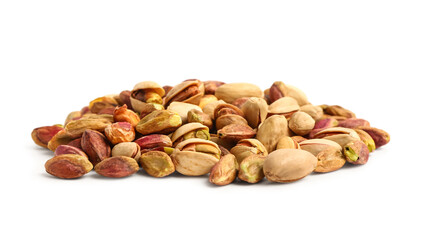 Heap of tasty pistachio nuts isolated on white background