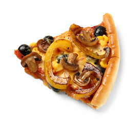 Slice of pizza with olives on white background