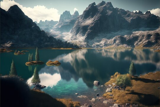 A view of an amazing mountains with a lake © Kahd