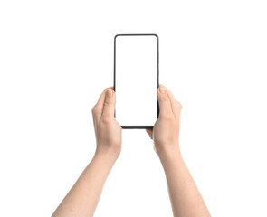 Female hands with modern mobile phone isolated on white background