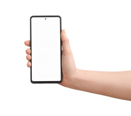 Female hand with modern mobile phone isolated on white background, closeup