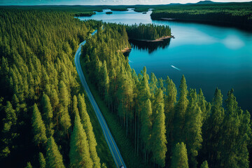Fototapety  Aerial image in summertime Finland showing a road with automobiles between a green forest and a turquoise lake. Generative AI