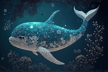 Fantasy ornamented whale swimming underwater, magical tulkun in the reef, generative ai