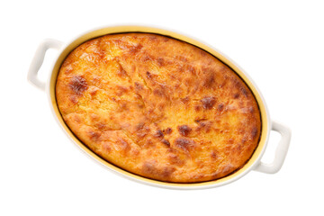 Delicious cheese pie in baking form isolated on white background