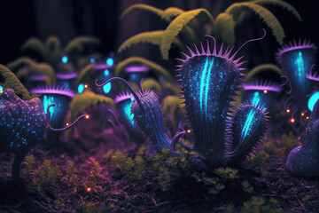 Strange glowing alien plants, blue and purple.