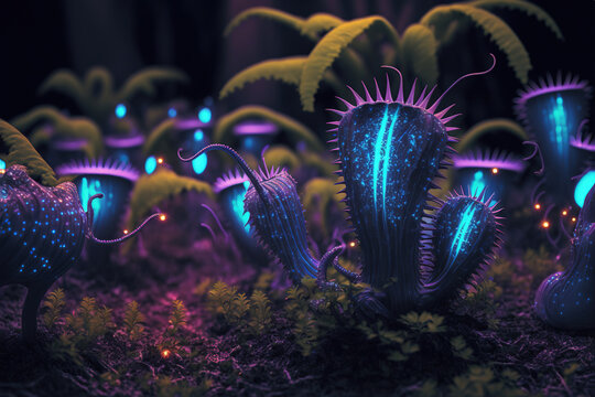 Strange glowing alien plants, blue and purple.