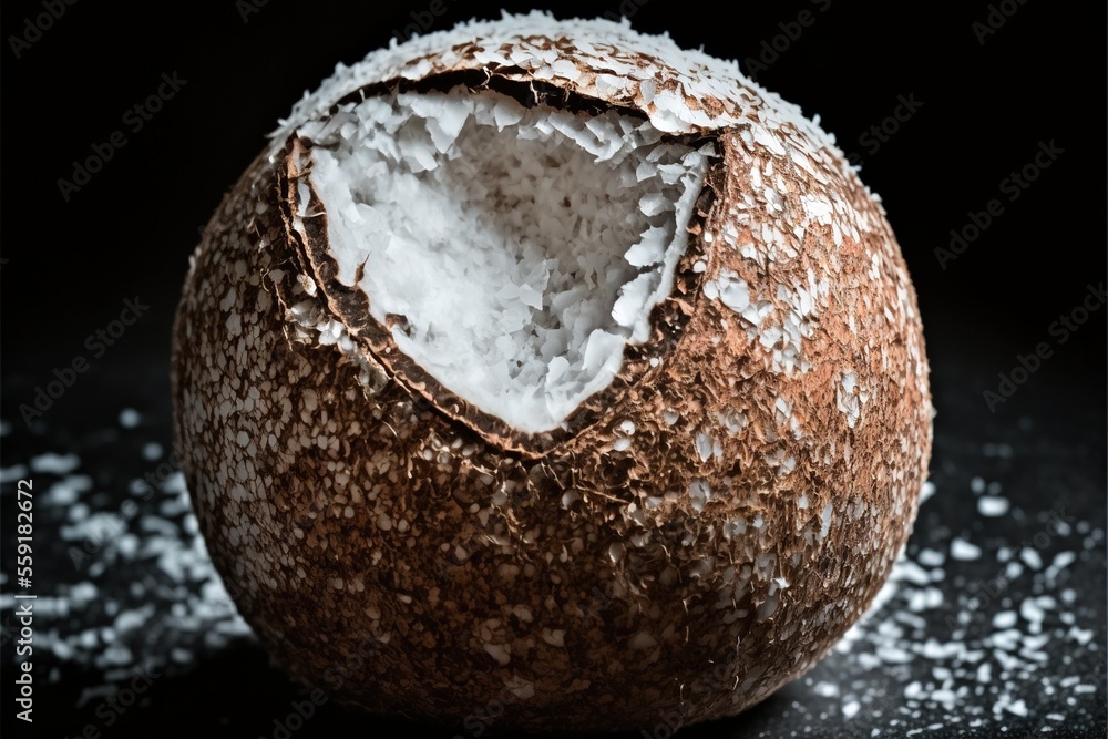 Poster a coconut with a bite taken out of it on a black surface with white flakes on it and a black backgro