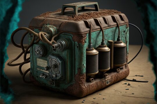 a very old fashioned camera with some wires attached to it's side and a cord running through it's side, with a green background and a black background with a few small holes.