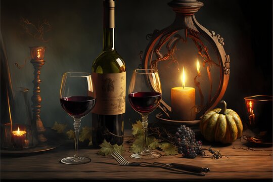 a painting of a bottle of wine and two glasses of wine with a candle in the middle of the picture and a pumpkin and a candle holder with candles in the middle of the picture.