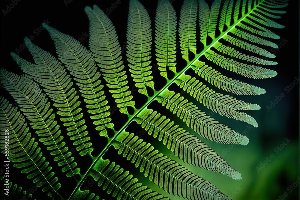 Poster a green fern leaf with a black background and a green light in the background is a black background 