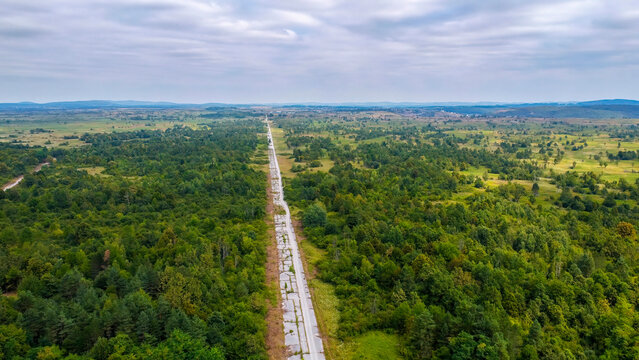  aerial view of abandoned airstrips from Željava underground air base, Croatia