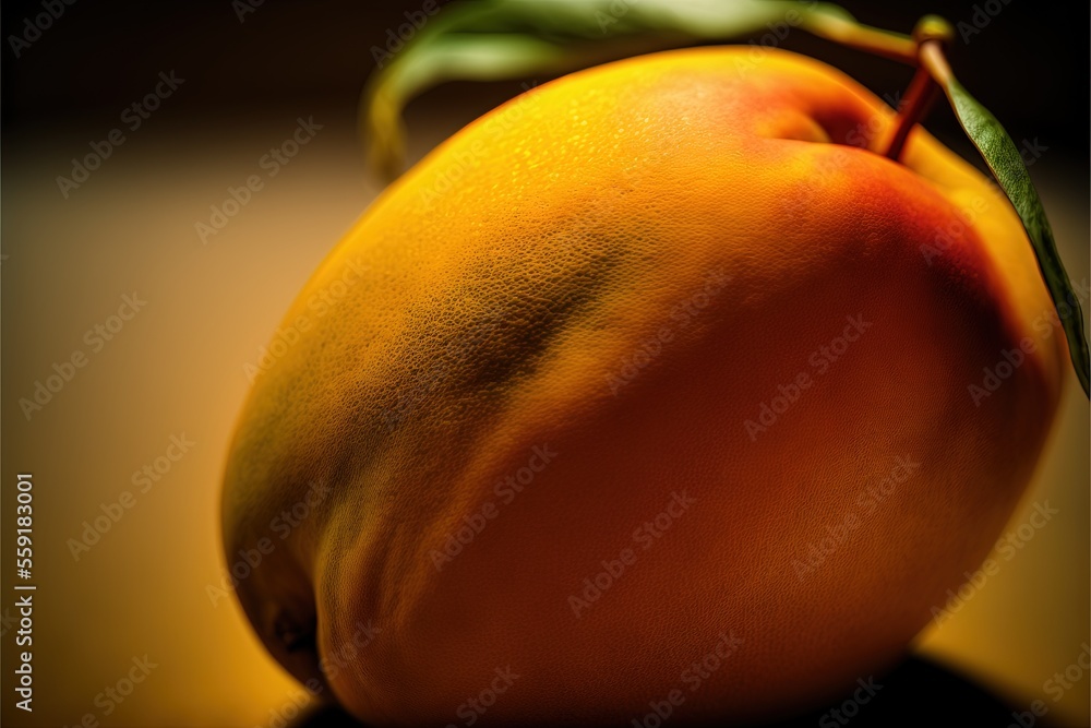 Poster a close up of a peach with a leaf on it's stem and a yellow background with a black background and a