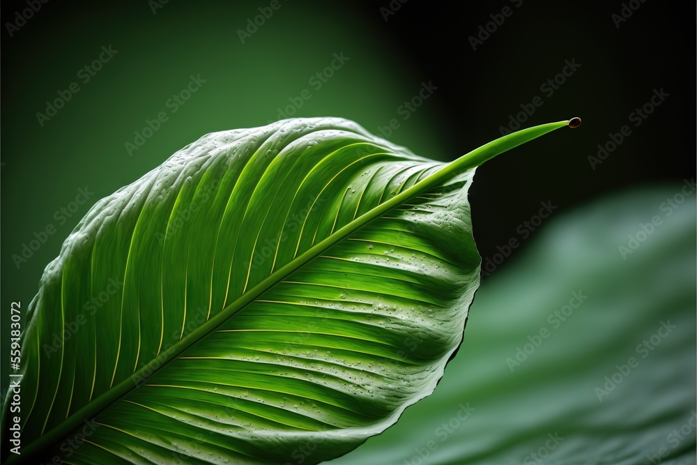 Poster a green leaf with a black background is shown in this image, it is a close up view of a green leaf w