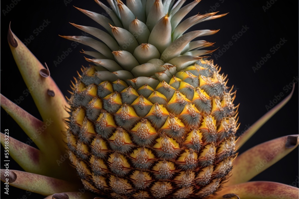 Poster a pineapple with yellow tips on a black background with a black background behind it and a black bac