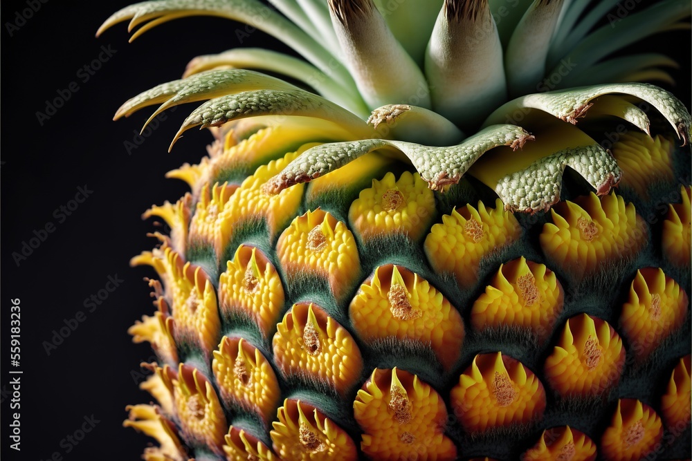 Poster a close up of a pineapple with yellow and green tips and a black background with a black background 