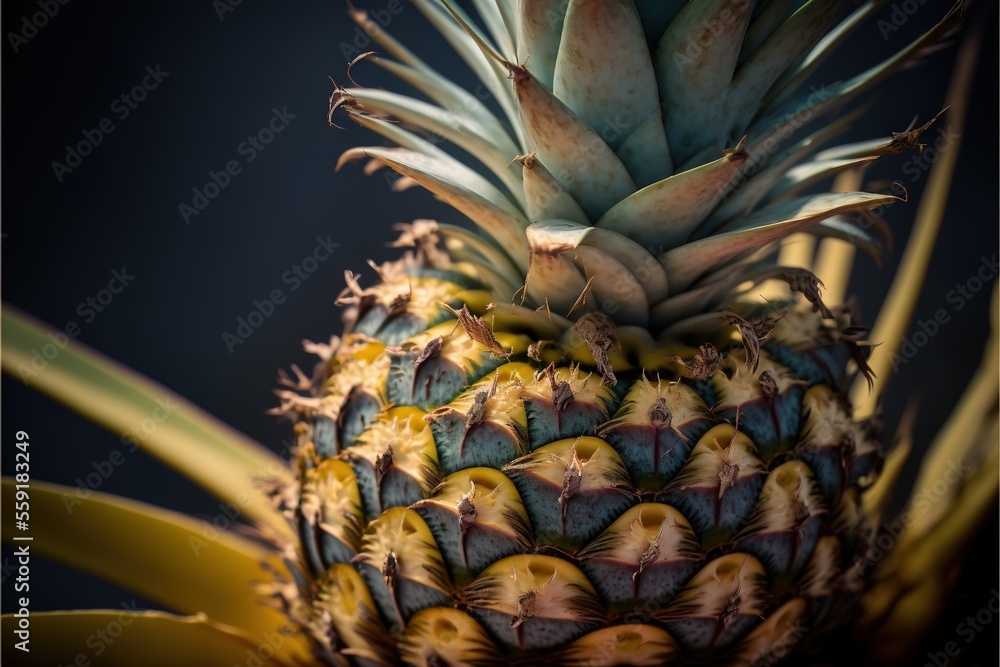 Poster a close up of a pineapple with a dark background and a blurry background to the bottom of the image,