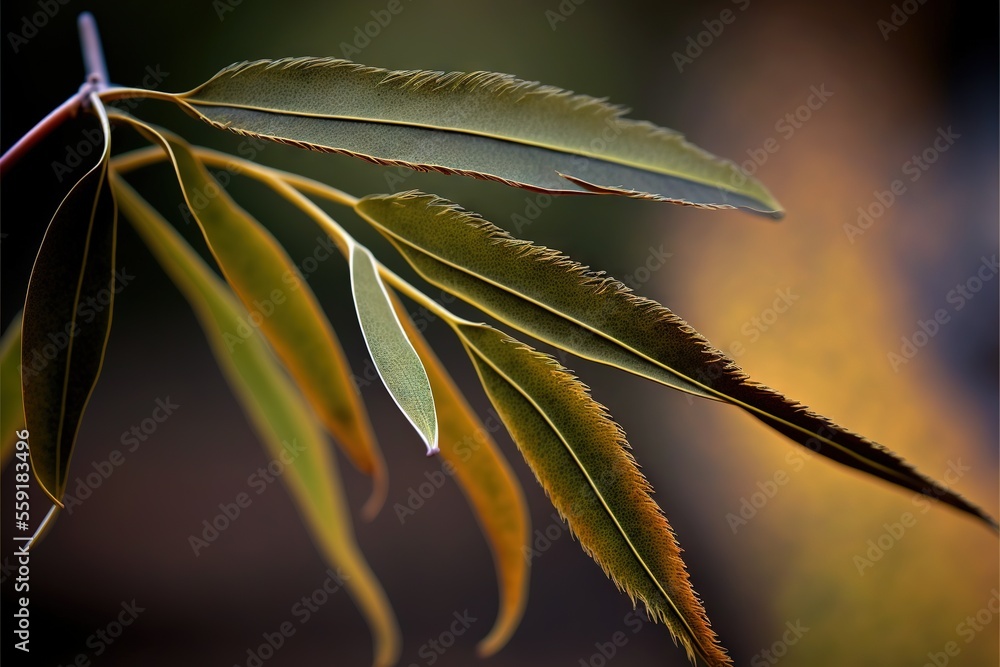 Aufkleber a close up of a green leaf on a tree branch with a blurry background of leaves and stems in the fore