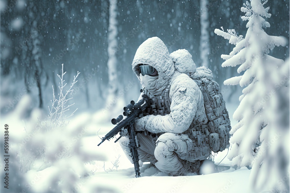 Poster a man in a white coat and goggles with a rifle in the snow near a pine tree in the woods with snow f