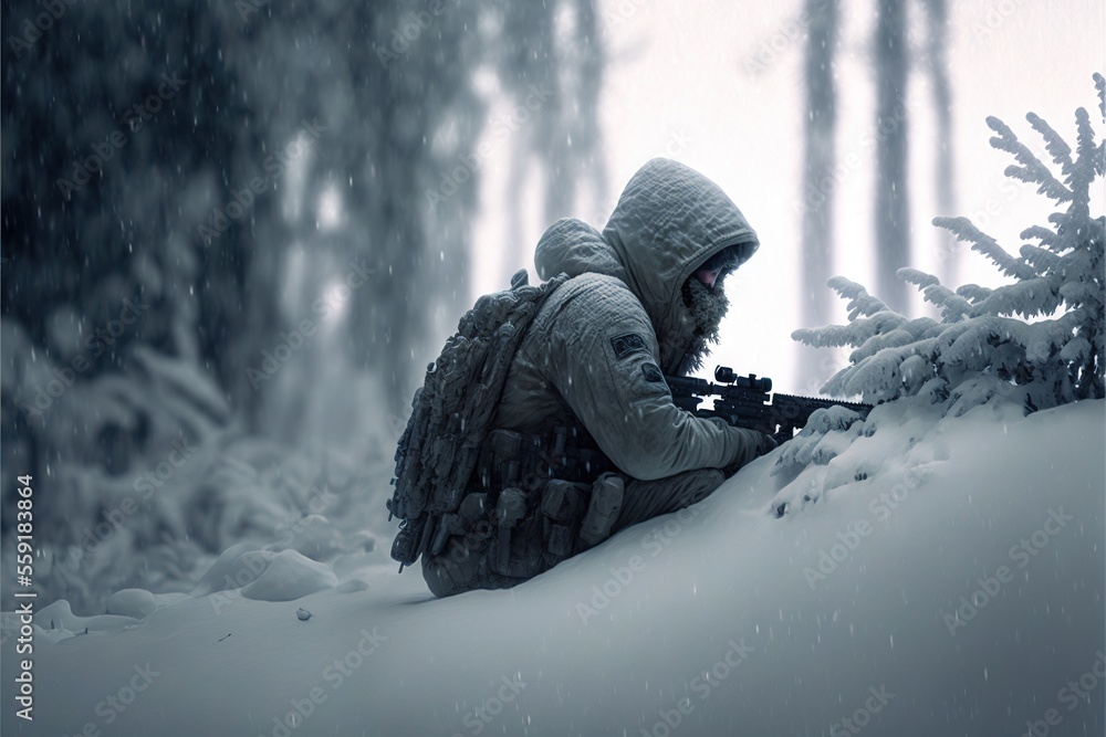 Poster a man with a gun in the snow in a forest with trees and snow falling on him and snow falling on the 