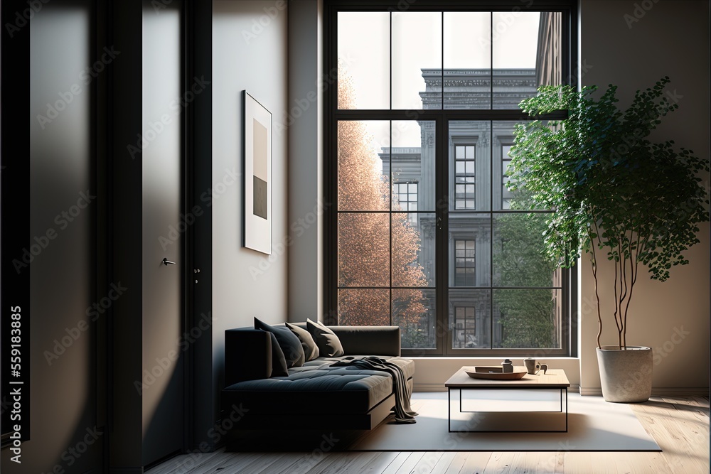 Poster a living room with a couch and a table in it and a large window with a view of a city outside the wi