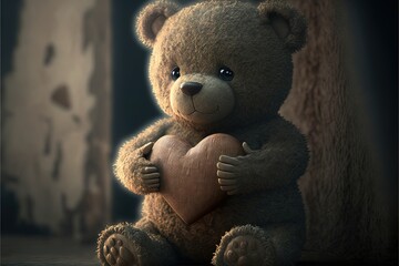a teddy bear holding a heart sitting next to a tree in a dark room with a dark background and a wall behind it, with a tree and a light shining on the ground,.