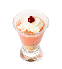 Shot of delicious pudding with cranberry and cream isolated on white background