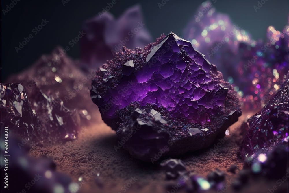 Poster a purple rock surrounded by other rocks and crystals on a table top with a black background and a pu