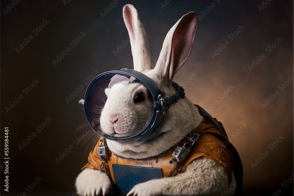 Poster a rabbit wearing a space suit and goggles on its head, sitting on a table with a dark background and