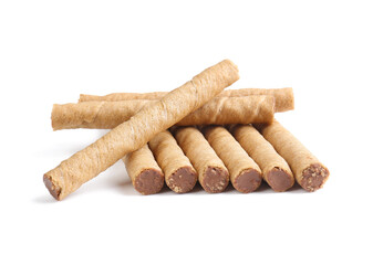 Tasty wafer rolls with boiled condensed milk isolated on white background