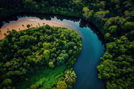 Aerial view of Peru's rainforest and the Amazon rain forest. Generative AI