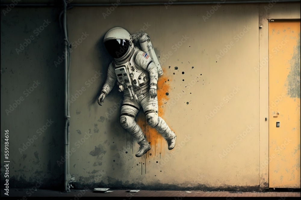 Poster a man in an astronaut suit hanging on a wall with paint splattered on it and a door in the backgroun