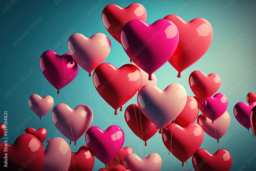 Poster a bunch of heart shaped balloons floating in the air with a blue background and a sky background beh
