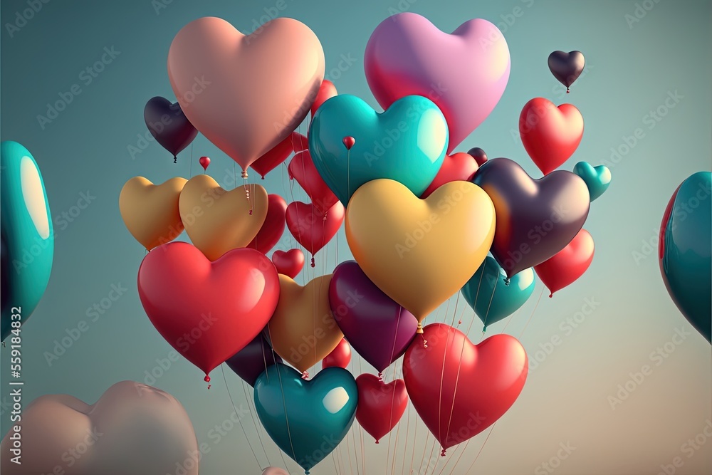 Poster a bunch of heart shaped balloons floating in the air with a sky background behind them, with a blue 
