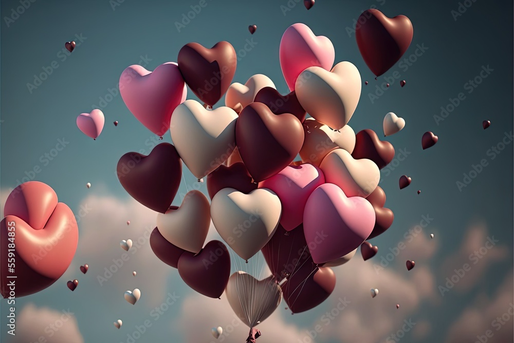 Aufkleber a bunch of hearts floating in the air with a sky background behind them and a balloon in the air wit