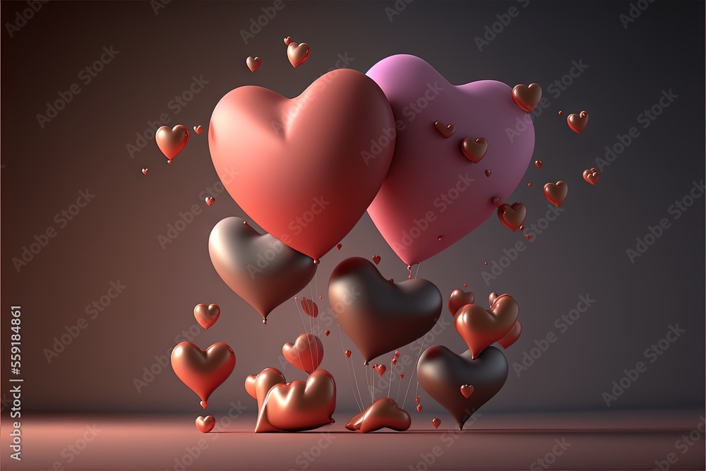 Poster a bunch of hearts floating in the air with a dark background and a pink background with a red and pi
