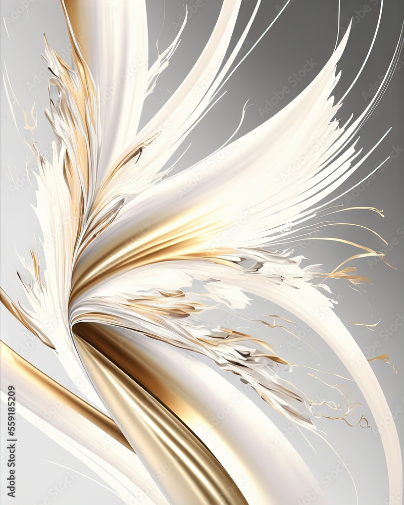 Poster a picture of a white and gold feather in a silver frame on a wall or floor with a gray background an