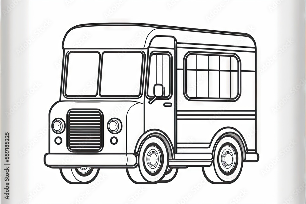 Poster a black and white drawing of a bus on a white background with a wooden frame around it, with a black