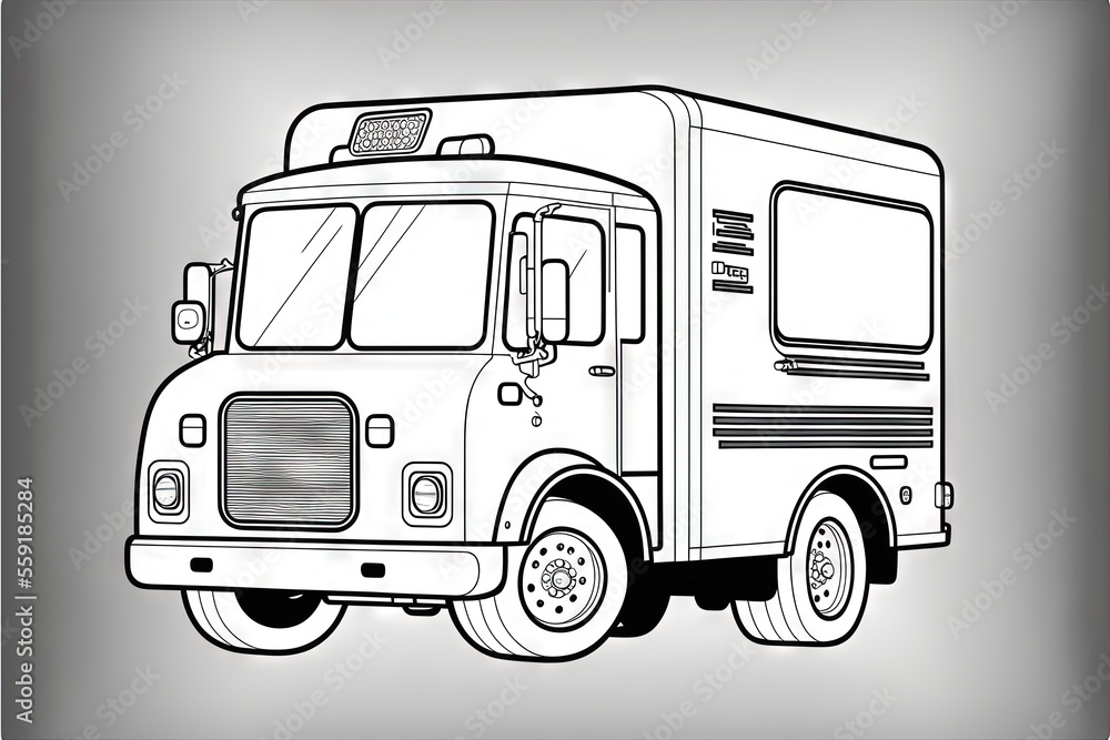 Poster a black and white drawing of a delivery truck on a gray background with a white border around the ed