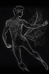 Abstract drawing of a ballet dancer with light scratches around him, dark background