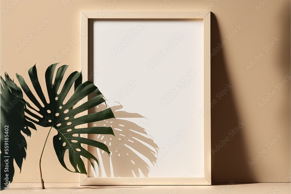 Poster a picture frame with a plant in front of it on a table next to a wall with a shadow of a plant on it
