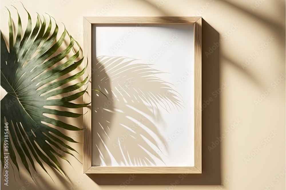 Poster a picture frame with a plant next to it on a wall with a shadow of a palm tree on it and a shadow of