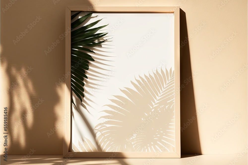 Poster a shadow of a palm leaf on a wall next to a plant shadow on a wall with a shadow of a palm leaf on i