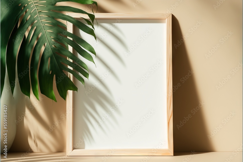 Poster a picture frame with a plant in the corner of a room with a wall background and a shadow of a palm t